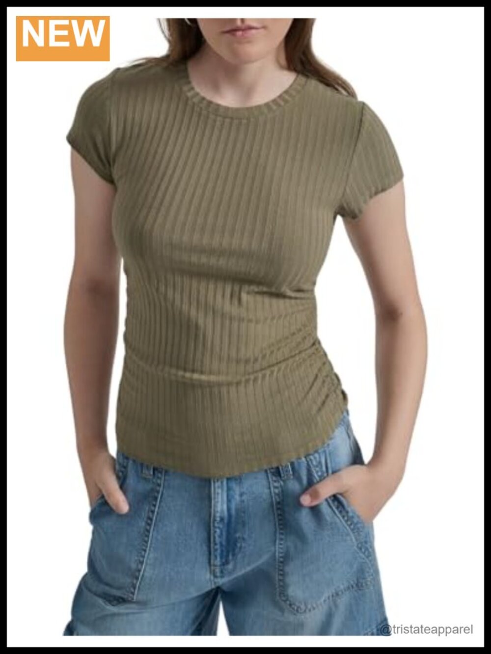Soft Ribbed Cap Sleeve Ruched Side T-Shirt Fitted Rayon Spandex